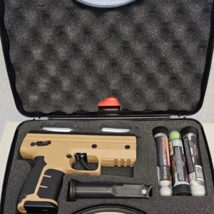 Gun and accessories in a black case.